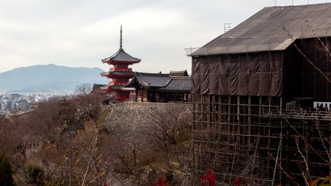 Kyoto Pagoda Side View Tourists Flow Timelapse