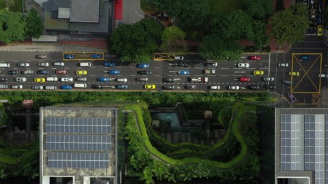 day time singapore city downtown famous building park traffic street aerial topdown panorama 4k