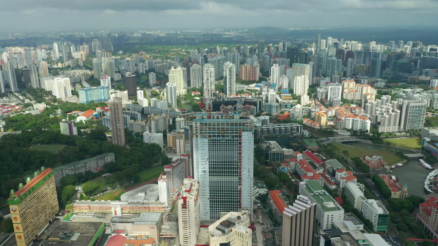 singapore city sunny day time downtown construction aerial panorama 4k