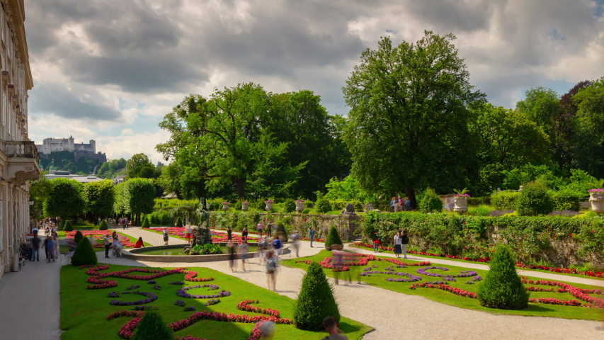 salzburg city sunny day famous palace garden panorama 4k timelapse austria