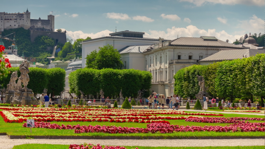 sunny day salzburg city famous palace garden panorama 4k timelapse austria