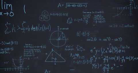 Animation of zoom out showing mathematical equations and calculations handwritten in blue chalk moving on a dark blue chalkboard background