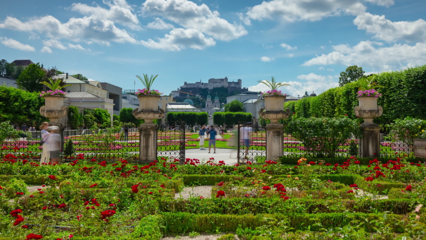 salzburg city sunny day famous palace garden panorama 4k timelapse austria
