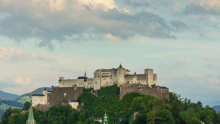 salzburg city sunny evening famous castle panorama 4k timelapse austria