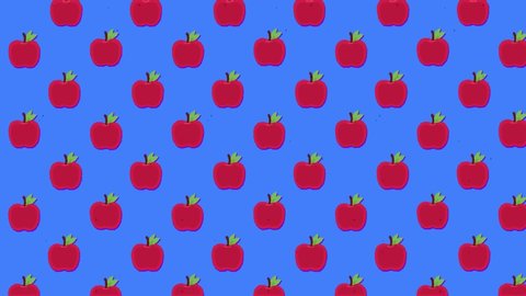 A nice colorful drawing animation: a repeated pattern of a red apple,ing to the upper left angle, over a blue background.