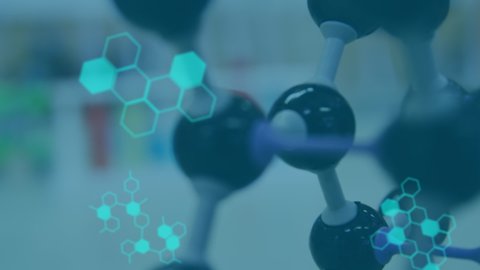 Animation of test tubes and 3d chemical compounds in a laboratory with blue data and hexagons in the foreground