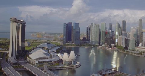 Aerial drone view of Singapore City Skyline at Marina Bay - Singapore 2019