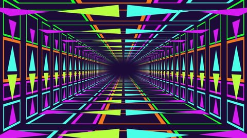 Animation of a rectangular neon lit tunnel, with blue, green and pink triangles moving towards a central black vanishing point 