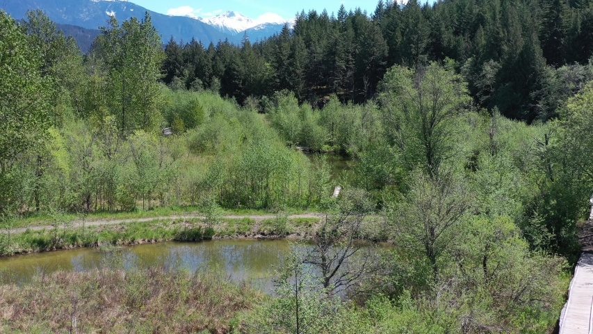 Aerial View at Mountain Lake Trail in British Columbia, Canada. Mountains Background. 4K.