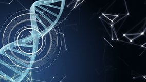 Animation of a turning 3d DNA strand with rotating rings and shapes appearing around it on dark blue background - Powered by Shutterstock - Get 15% off with code: PIKWIZARD15