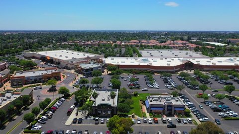Clovis,CA/USA-June 2, 2019: aerial view of a shopping center and lifestyle mall. 