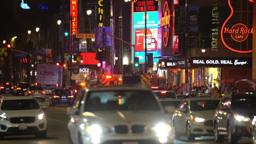 Hollywood, California, USA - Sep 15, 2019: Fire Trucks And Ambulance On Hollywood And Highland At Night  | Shutterstock HD Video #1037965997