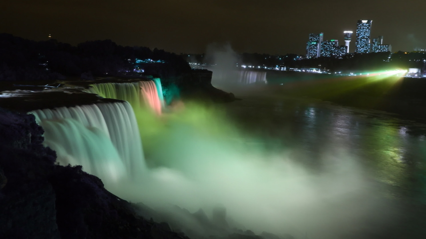 Waterfall of Niagara at night illuminated by rainbow colors (time-lapse)