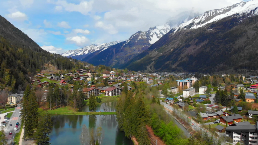 Summer. Aerial view of the landscape of the alpine French city of Chamonix in the Alps near a small lake