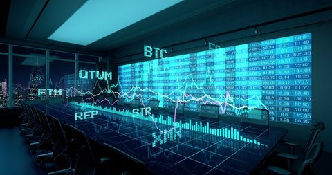Animated Holographic Charts Financial Statistics on Table in night Office Interior. Cryptocurrency Bitcoin Exchange trading Gambling concept seamless looping 4K video 3d rendering. 
