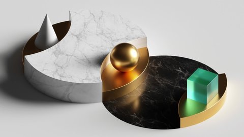 cyclic loop animation of simple geometric shapes, 3d cycled rotating marble podium, blank pedestal. Computer generated seamless motion design. Repeating movement. Live image, modern animated poster.