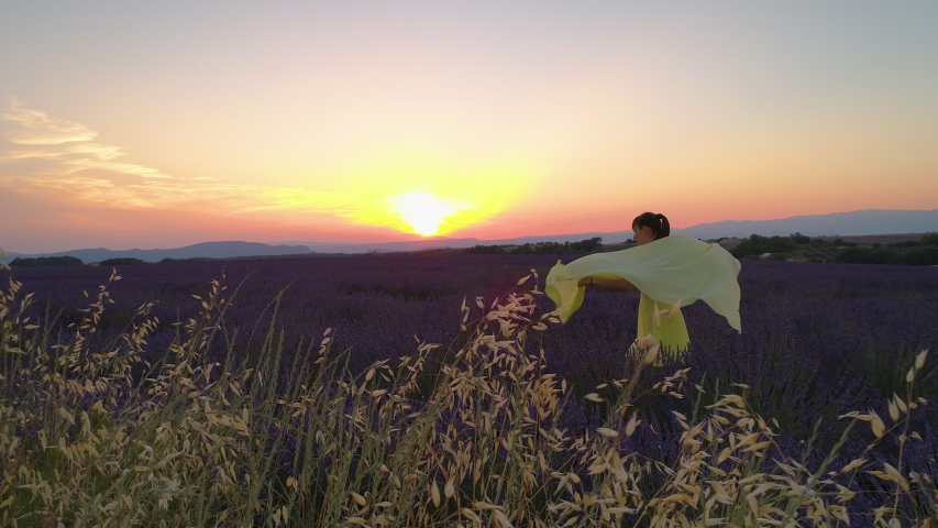 Happy young woman in bright yellow dress walks through the picturesque fields of fragrant lavender in quiet Provence. Girl enjoys exploring the blooming French countryside on a sunny summer evening.