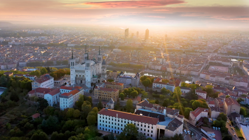 Aerial Lyon skyline aerial view from sky, Lyon france city drone footage. Fly over The Basilica of Notre-Dame de Fourvière in lyon city. Royalty-Free Stock Footage #1037999180