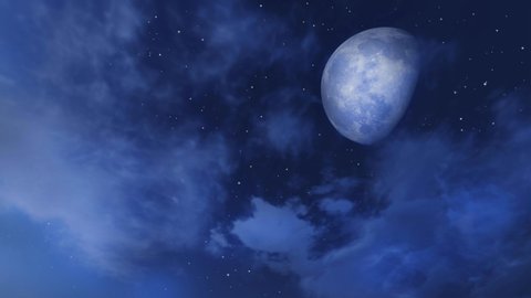 Starry night sky with shooting stars or meteors and fantastic big moon obscured by fluffy clouds. Loop able fantasy 3D animation rendered in 4K