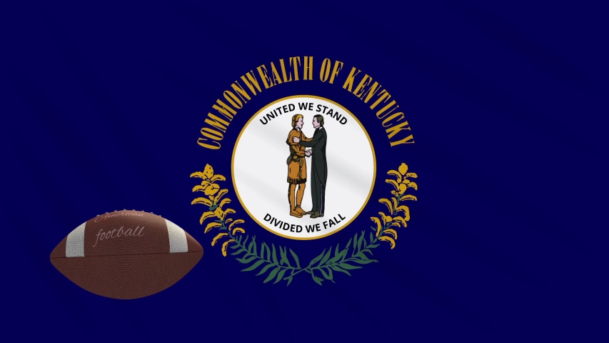 Kentucky flag and american football ball rotates against background of a waving cloth, loop