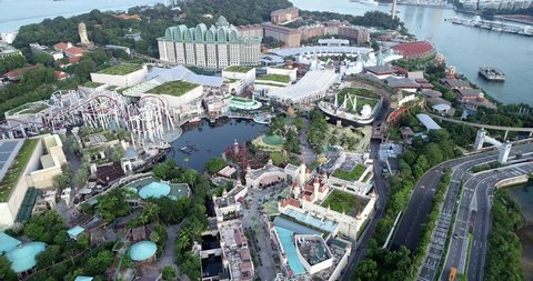 Singapore, Singapore - June 22, 2019 : Universal studios at Sentosa island, Singapore from drone. It is a theme park located within Resorts World Sentosa on Sentosa Island, Singapore