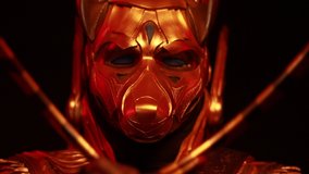 4k video clip, on a black background, a male actor in a suit of an Egyptian mythology character, the golden deity Jackal Anubis, twists buugeng in red light.