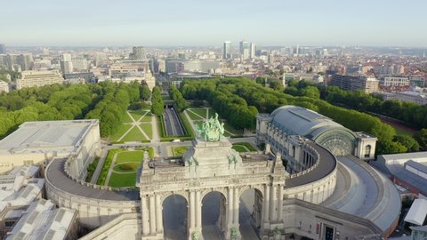 Brussels, Belgium. Park of the Fiftieth Anniversary. Park Senkantoner. The Arc de Triomphe of Brussels (Brussels Gate), Aerial View