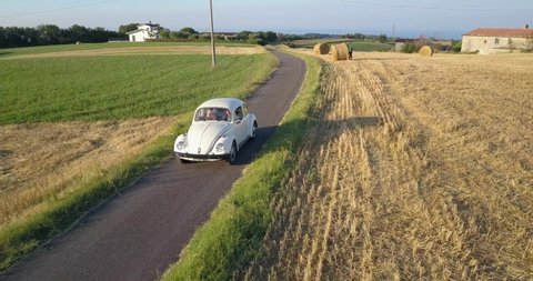 LAPEDONA, ITALY - AUGUST 2019: Old Volkswagen Beetle aerial view running in the countryside.