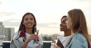 Group of happy friends toasting champagne, wine, beer, juice. Friendship concept with young people having fun together. Rooftop party birthday . 4k slow motion raw video footage 60 fps