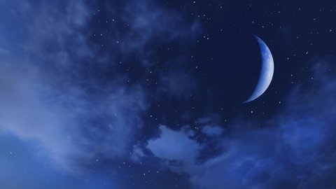 Fantastic starry night sky with falling stars or meteors, big half moon and fluffy clouds. Loop able fantasy 3D animation rendered in 4K