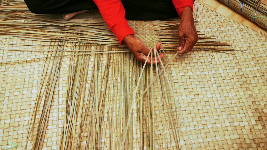 Close up shot of an expert old female hands weaving mat in Terengganu, Malaysia. The mat which is made from natural plant leaves come in various colors and sizes. Royalty-Free Stock Footage #1038056108