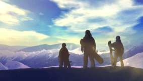 Family of snowboarders on top of the mountain.
