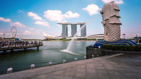Singapore - February 27, 2015 : Merlion in front of Marina Bay Sands time lapse