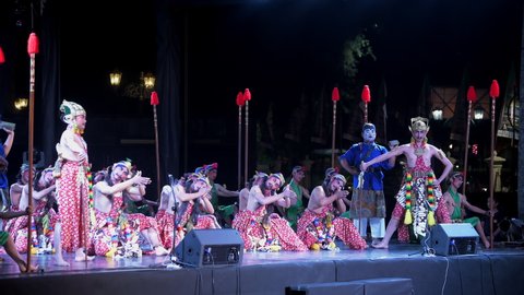 Yogyakarta, Indonesia - 21 September 2019: Javanese traditional group dancer perform in Jogja International Street Performance outdoor stage