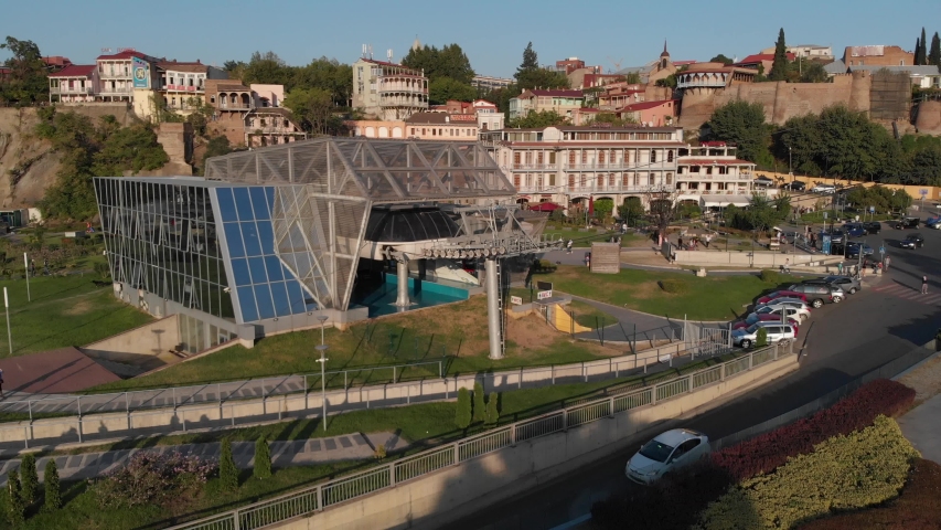 View of the lift station of the cable car from which the cab leaves. Aerial view