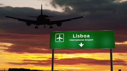 Airplane silhouette landing in Lisboa, Portugal. City arrival with airport direction signboard and sunset in background. Trip and transportation concept 3d animation.