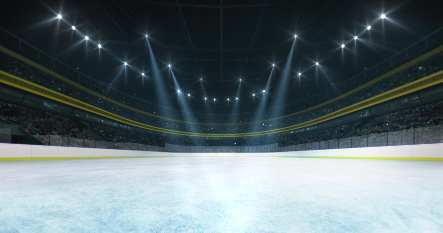 Illuminated the ice hockey rink before the game in the yellow arena full of spectators, sport 4k video loop