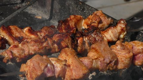 Fragrant kebabs are cooked on an open grill in the fresh air.