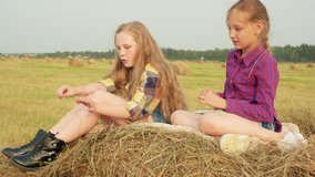 Serious girls on haystack in field. Adorable preteen girls in checkered shirts sitting on haystack in field during harvest.