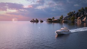 The yacht takes a walk near the islands. Beautiful sunny sunset. 3d render. 4k video