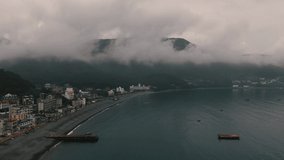 Geoje Island, South Korea 28 August 2019: 4K Aerial Drone Footage View of a cloudy day at the coastline.