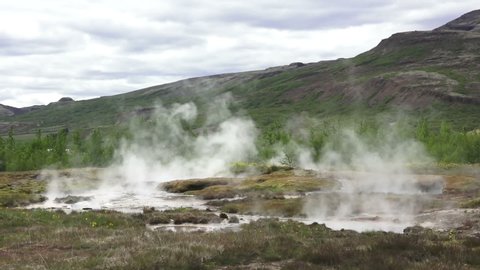 Picturesque view of Haukadalsvegur geysers, Southern Region (Southern Land) of Iceland
