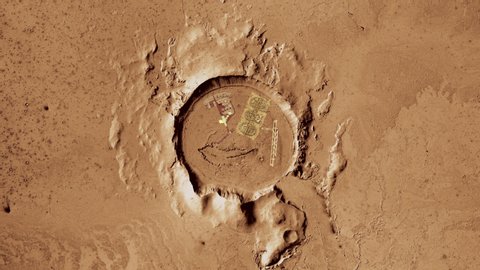 Aerial satellite view of fictional spaceport settlement on planet Mars crater. Contains public domain image by Nasa