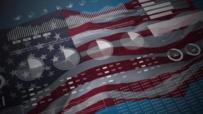 United States of America. Statistics, infographics, financial market data, analysis and reports, numbers and graphs on american USA waving flag 4K.  - Powered by Shutterstock - Get 15% off with code: PIKWIZARD15