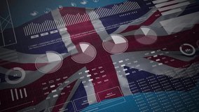 United Kingdom. Statistics, infographics, financial market data, analysis and reports, numbers and graphs on UK waving flag 4K.  - Powered by Shutterstock - Get 15% off with code: PIKWIZARD15