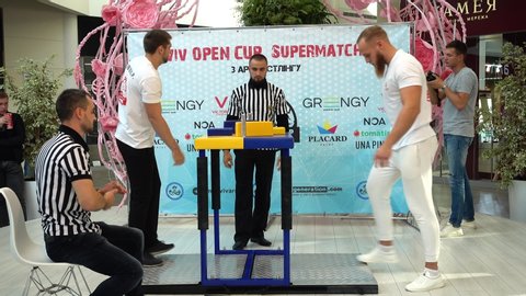 LVIV, UKRAINE - SEPTEMBER 29, 2019: Participants of a tournament on Arm wrestling «Lviv Open Cup Supermatches». 