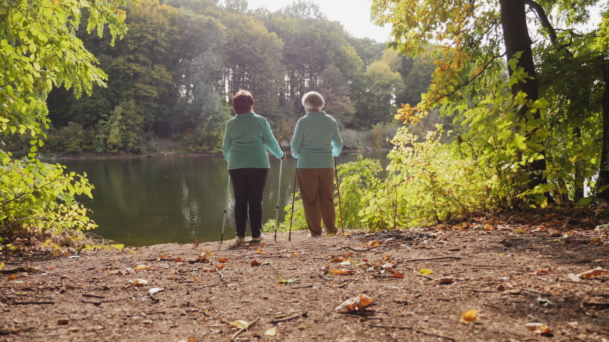 Senior women stand with trekking poles in their hands on the lake in the forest, resting after Nordic walking, enjoy nature. Rear view, slow-motion