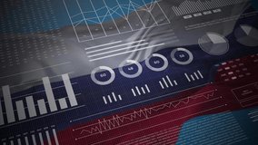 Russia. Statistics, infographics, financial market data, analysis and reports, numbers and graphs on Russian waving flag 4K.  - Powered by Shutterstock - Get 15% off with code: PIKWIZARD15
