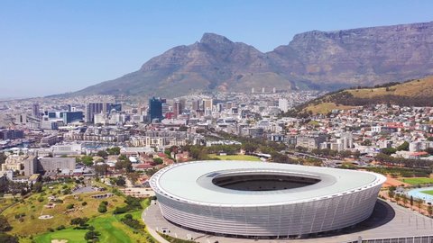 CAPE TOWN, SOUTH AFRICA - CIRCA 2018 - Good aerial establishing shot of the city of Cape Town South Africa with Capetown stadium in distance.