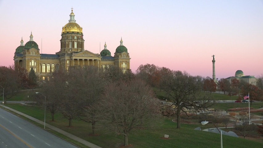 DES MOINES, IOWA - CIRCA 2018 - The State capital building in Des Moines, Iowa at dusk.